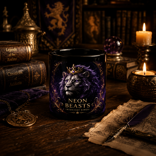 Crowned Lion Mug displayed in a fantasy library surrounded by ancient books, candles, and magical dark fantasy decor.