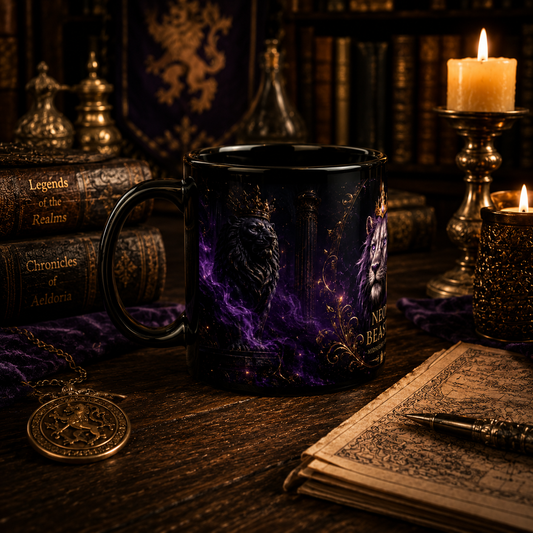 Crowned Lion Mug displayed in a candlelit fantasy library with ancient books, mystical artifacts, and royal dark fantasy decor.